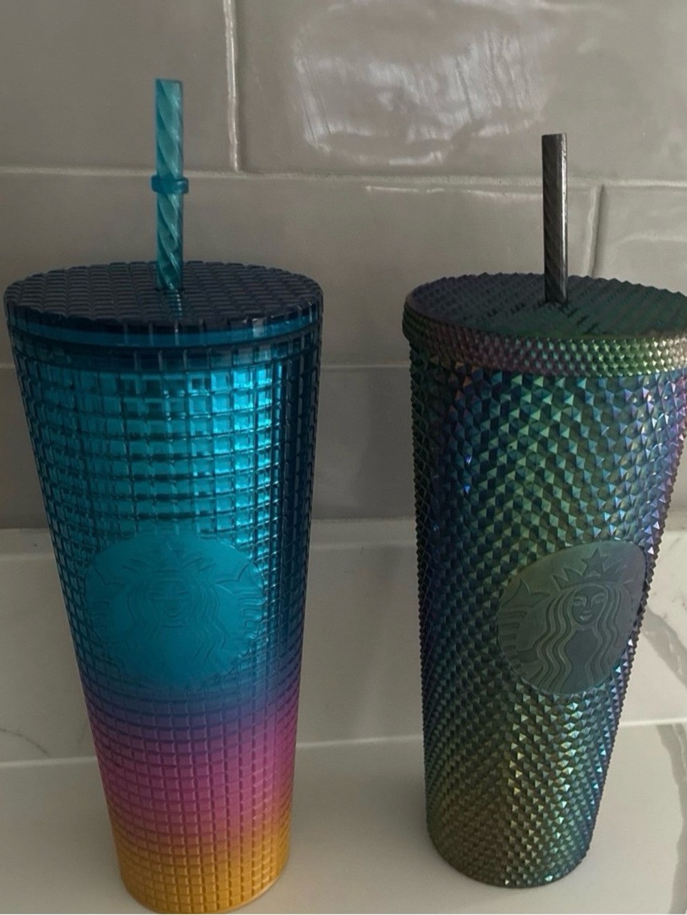 Starbucks tall rainbow Studded Ombre Tumbler cups w straws